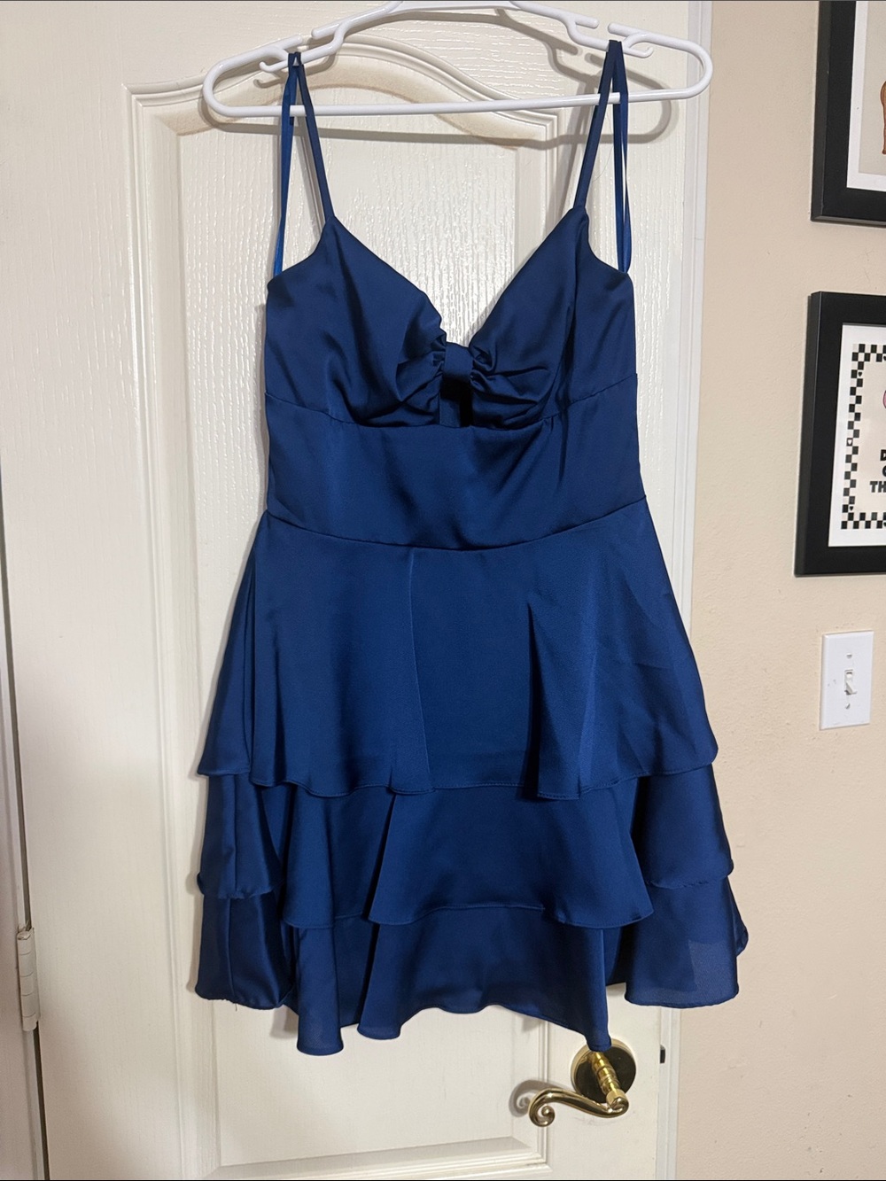 Navy Tiered Satin Spaghetti Strap Dress